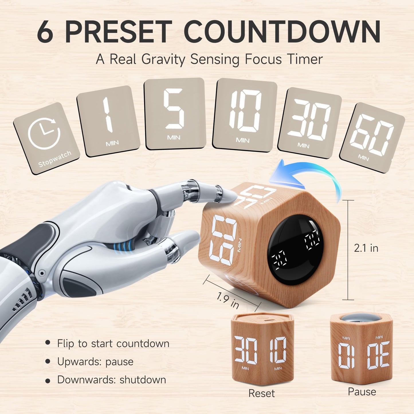 Exlliy Productivity Timer 1, 5, 10, 30, 60 Minutes Preset, Desk Cube Timer with Gravity Sensor/Mute/Vibration for ADHD, Work, Study, Kitchen, Back to School (Wood Grain)