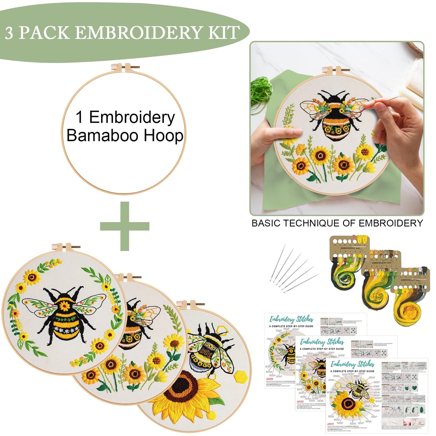 Nuberlic 3 Pack Embroidery Kit for Beginner Adults, Cross Stitch Set with Cute Bee Patterns, Includes Cloth, Hoops, Threads, Needles, Instructions