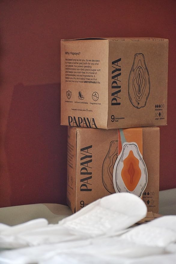 Papaya Safe and Compostable Menstrual Pads for Women - Pack of 2 Boxes (18 Pads), Combats Rashes and Odors, Biodegradable, Leakproof, No Fragrance, Wide, Soft Wings Large - 280mm x 75mm