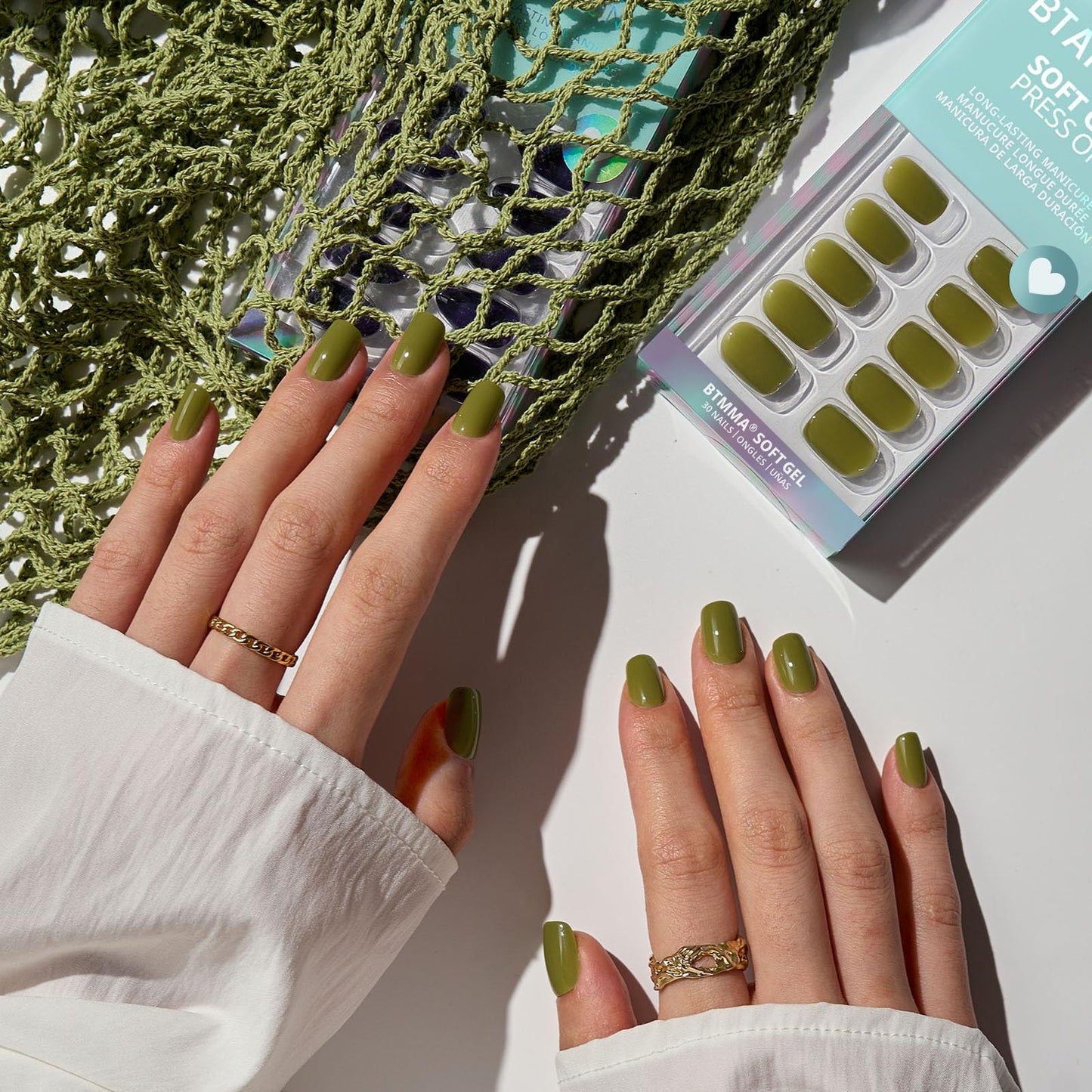 BTArtbox Press On Nails Short - Olive Green Squoval Press On Nails with Glue for Women, Opaque Soft Gel Glue On Nails in 15 Sizes - 30 Stick On Nails Kit, Moss Muse