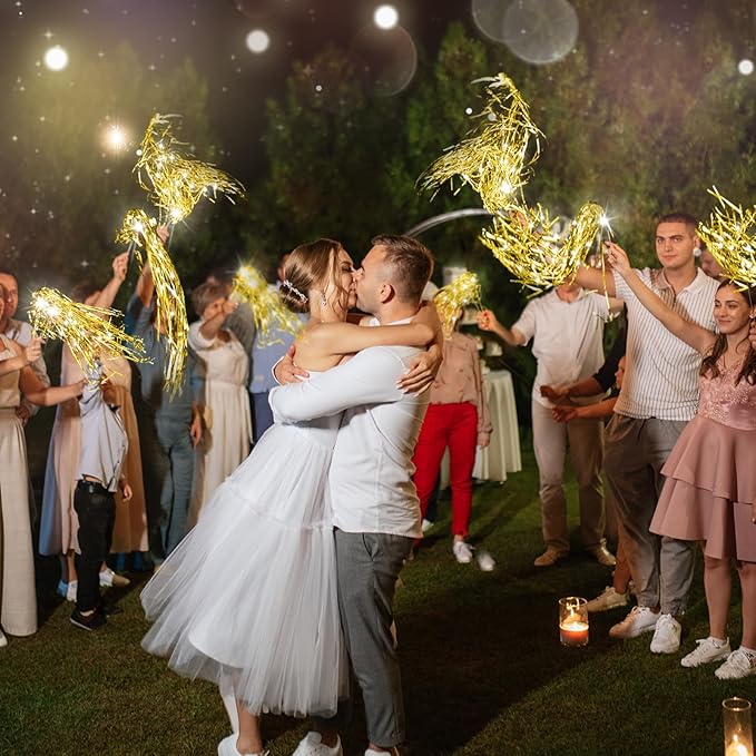 48 Pcs Lighted Wedding Wands LED Tinsel Wands Streamers Wedding Sparklers Send Off Light Sticks for Reception Birthday Exits Baby Shower Concert Christmas Party Favors(Gold)