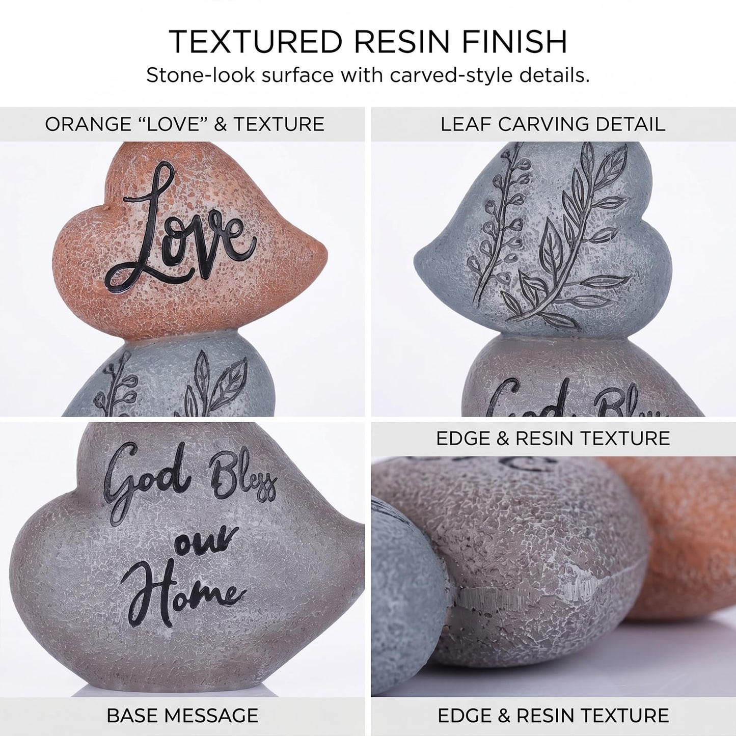 8.07in Heart Sculpture Decor, Textured Stone-Look Love Statue with God Bless Our Home Message, Stacked Heart Figurine for Shelf, Tabletop and Mantel, Housewarming Gift, Heart Decorations for Home