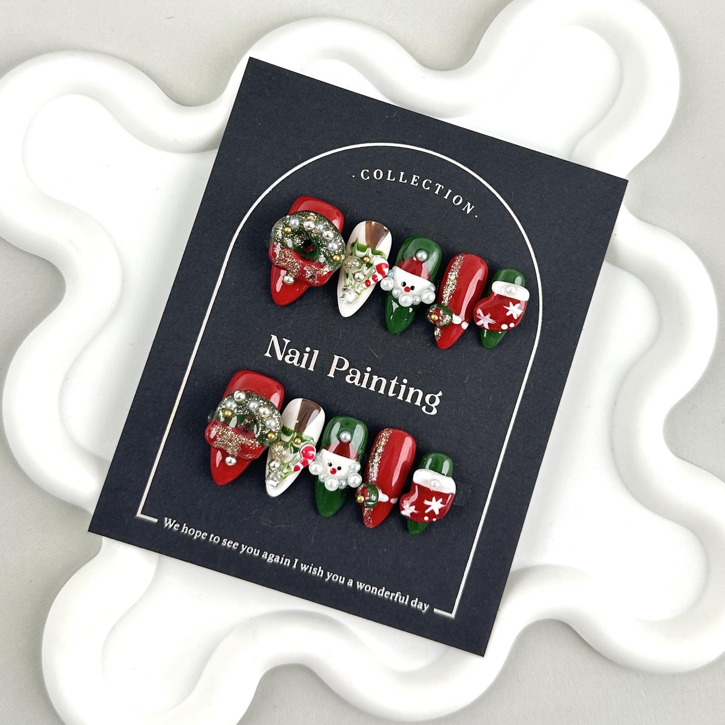 GLORS Collection Luxury Christmas Press On Nails, Hand Painted Artificial Nails with Pearls, Glitter, Santa Design, Red and Green Holiday Theme, Medium Length Almond Shape, 10 Pieces (Small, MB)