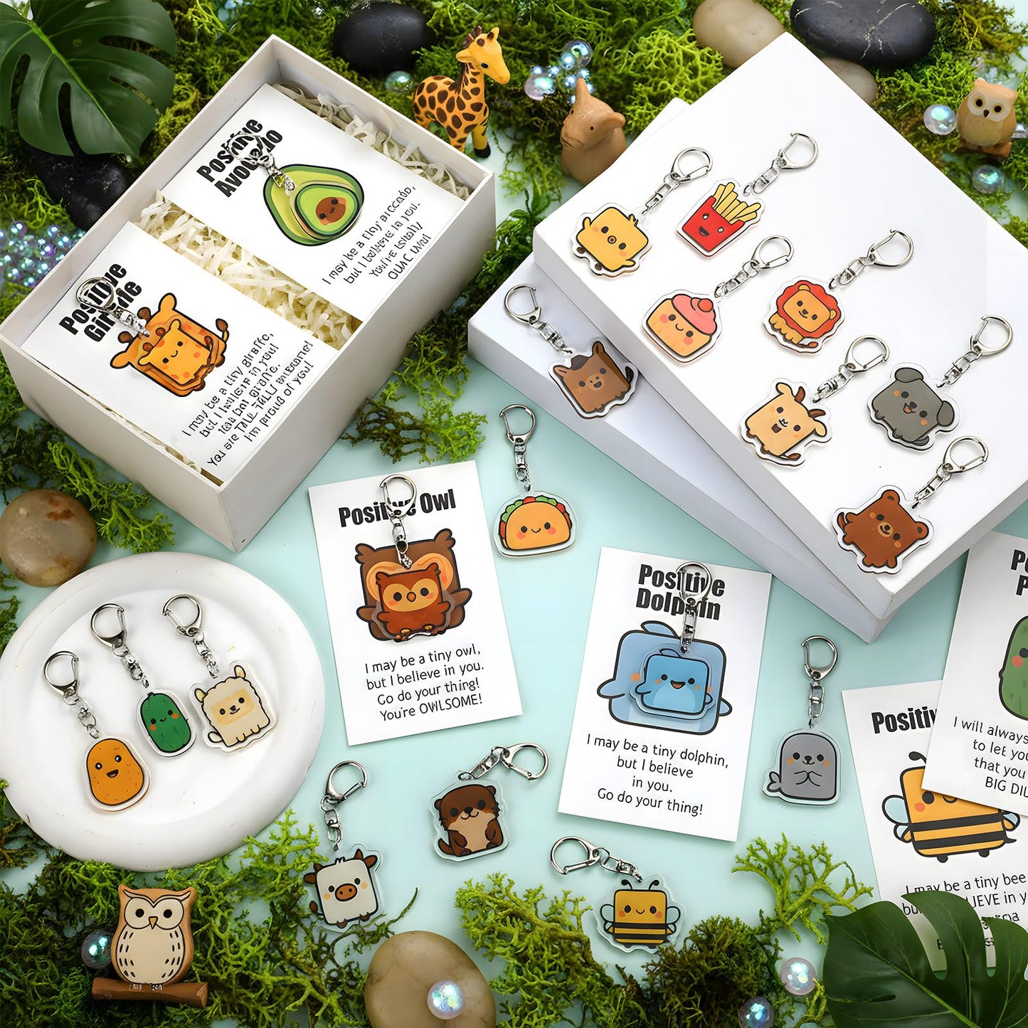Kigeli 20 Sets Positive Keychains Bulk Employee Appreciation Gifts Acrylic Thank You Animal Keychains for Office Employee Coworker