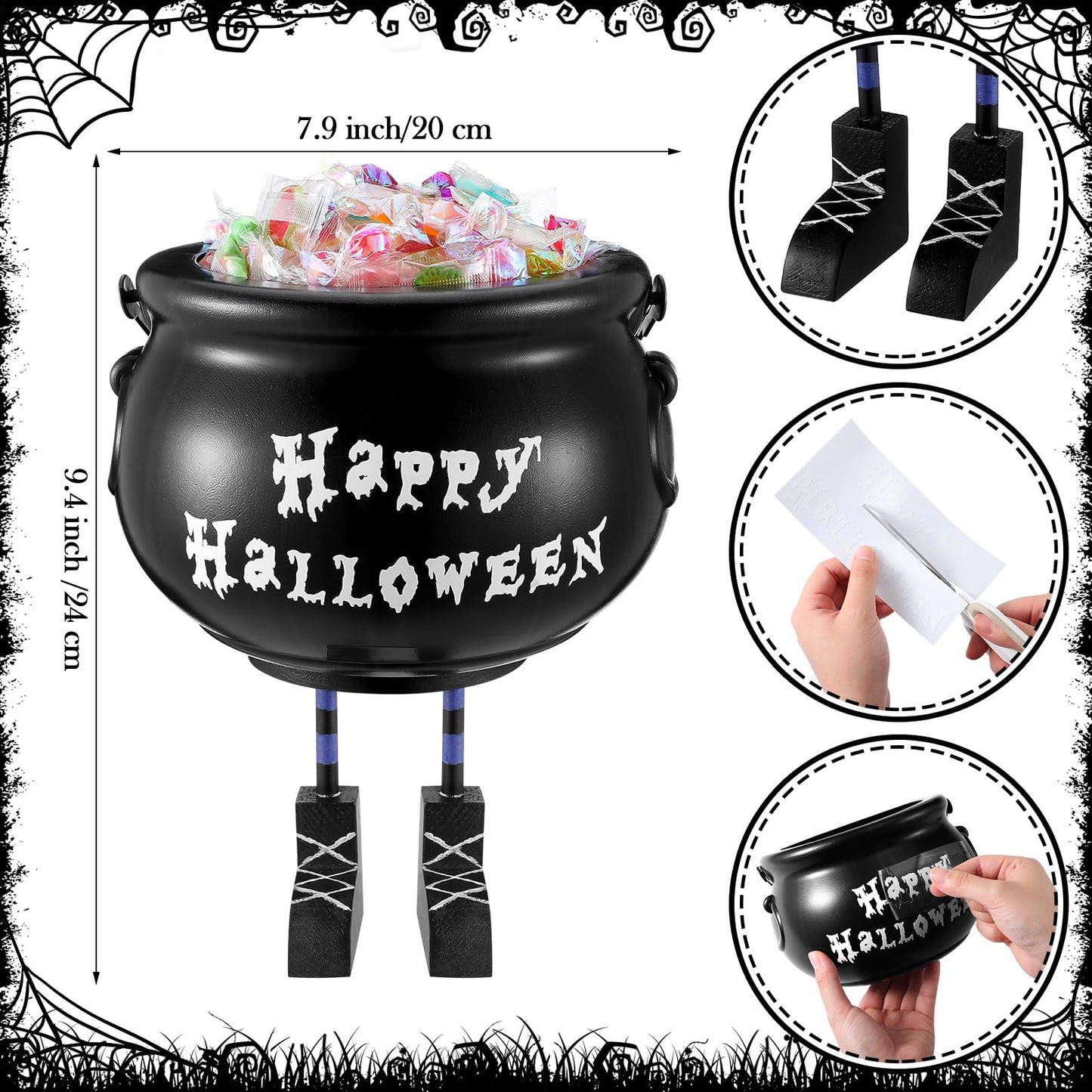 Shappy Halloween Decorations Cauldron Candy Bowl 8 Inch Plastic Black Witches Legs Candy Dish Bucket for Halloween Decor with Stickers Kitchen Trick or Treat Party Supplies Home Indoor Decor