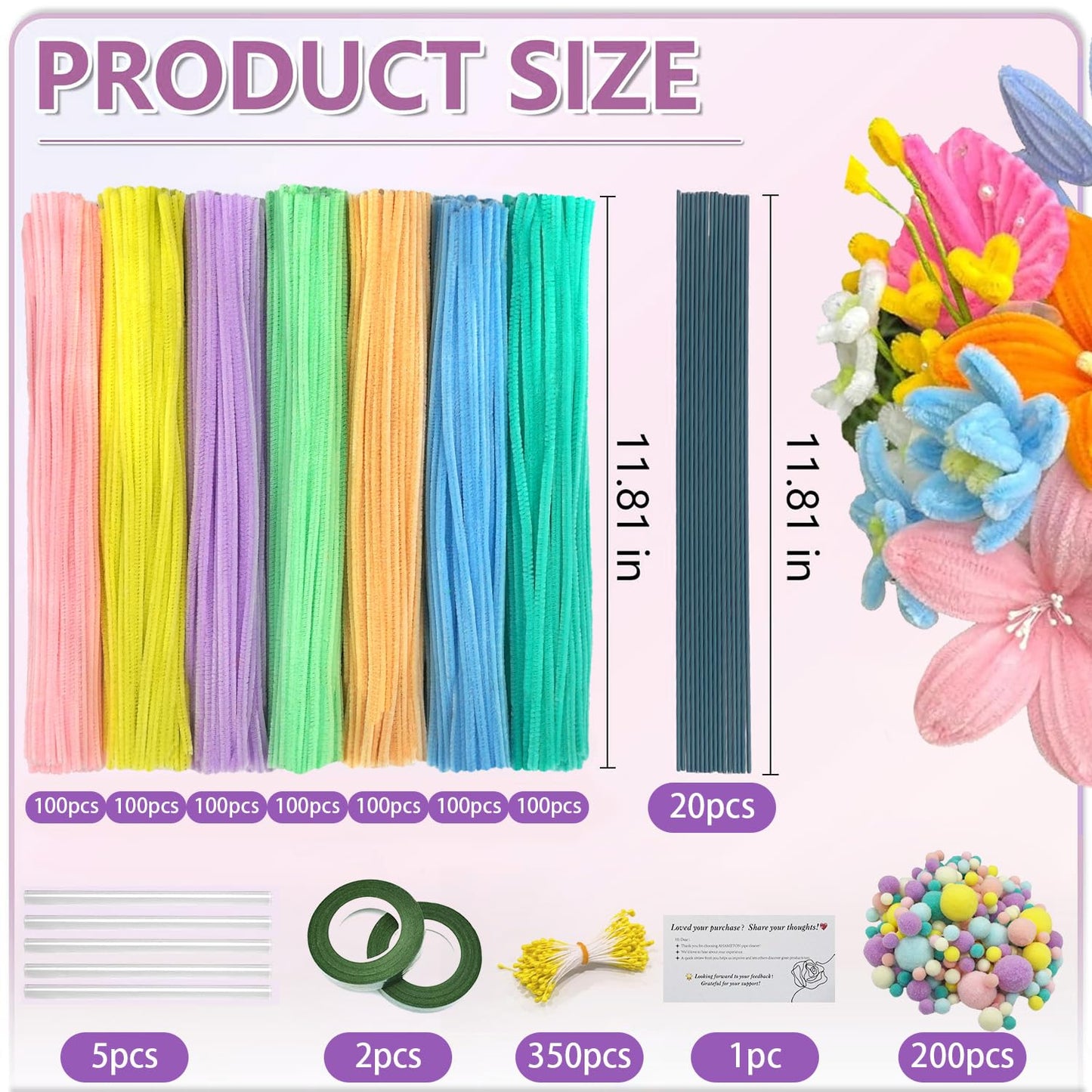620 Pieces Pipe Cleaners Craft Set, 600 Pcs Pastel Chenille Stems with 20 Pcs Flower Stems, Craft Supplies Bulk for DIY Art and Craft Projects Creative Gift Wrapping Party Decorations(Macaron Series)