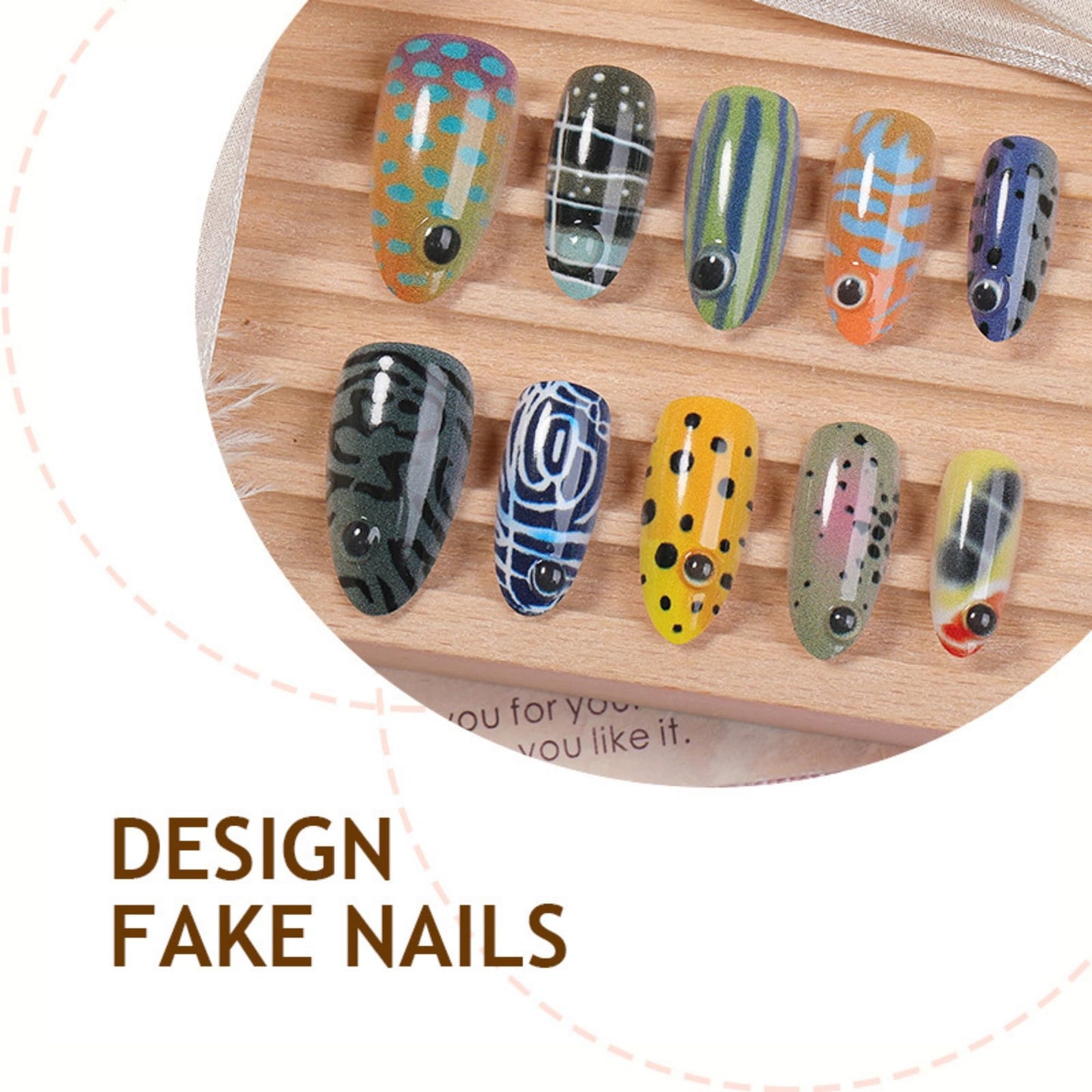octoswave Long Almond Press on Nails with 3D Fish Patterns - Acrylic Fake Nails for Women, Ideal for Parties, Vacations & Office Wear - 30Pcs