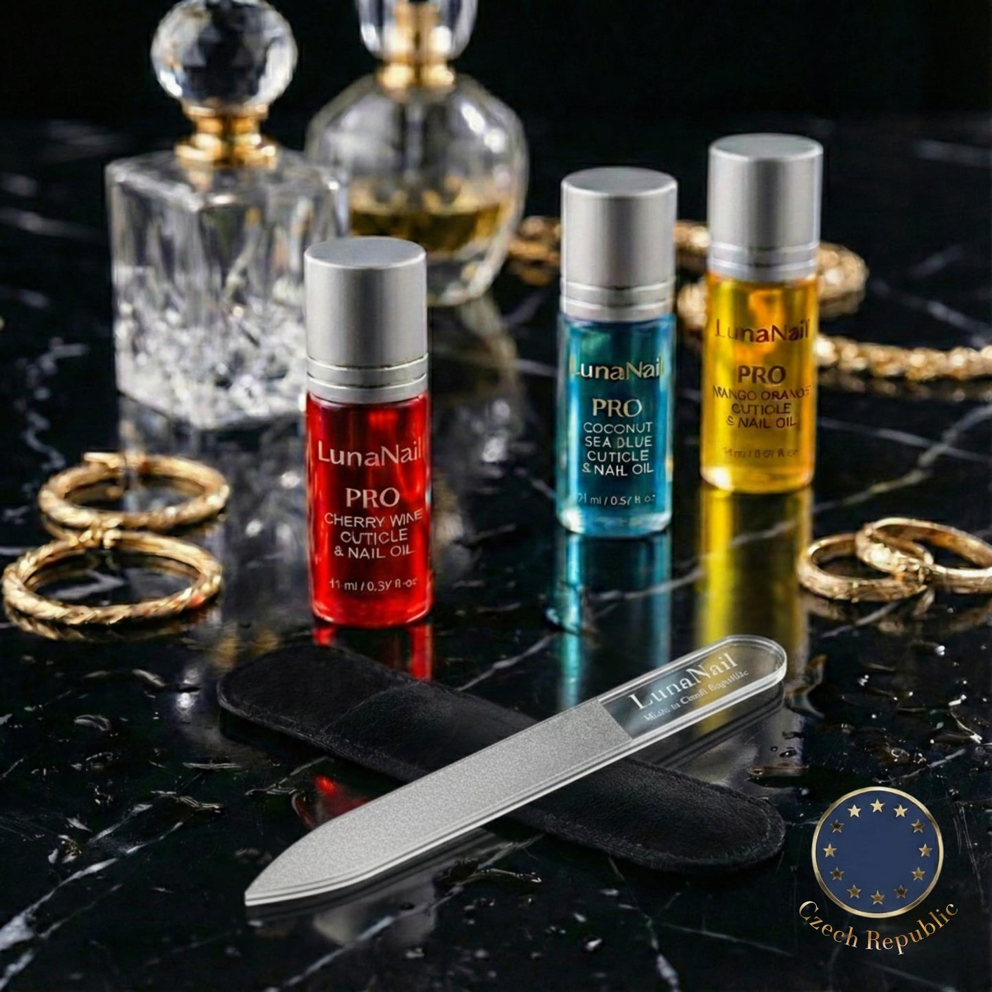LunaNail Nano Czech Glass Nail File & Buffer 2-in-1, Velvet Case, Crystal Polisher, Mirror-Shine, Keratin-Sealing, Travel Friendly