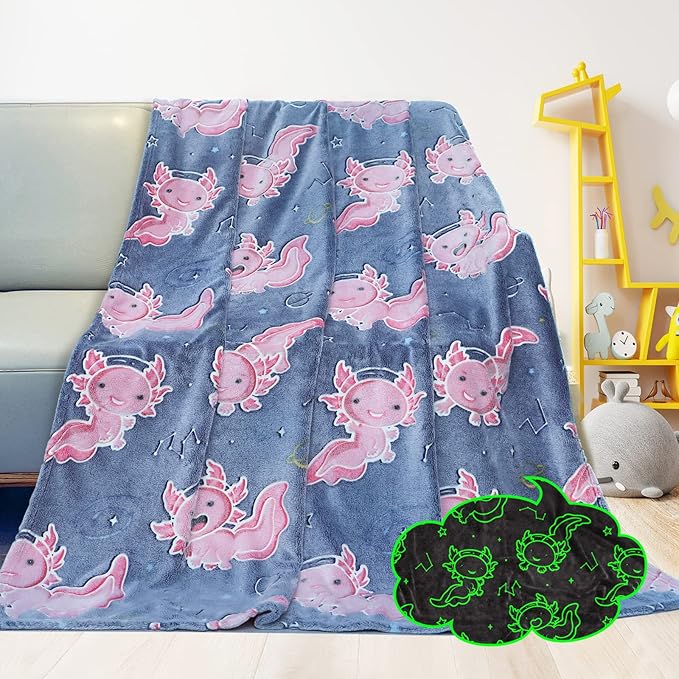 Glow in The Dark Blanket Axolotl Pink Gifts Toys Decor for Kids Girls Cute Cozy Soft Glowing Salamander Twin Size Blue Throw Blanket for Bedroom Couch