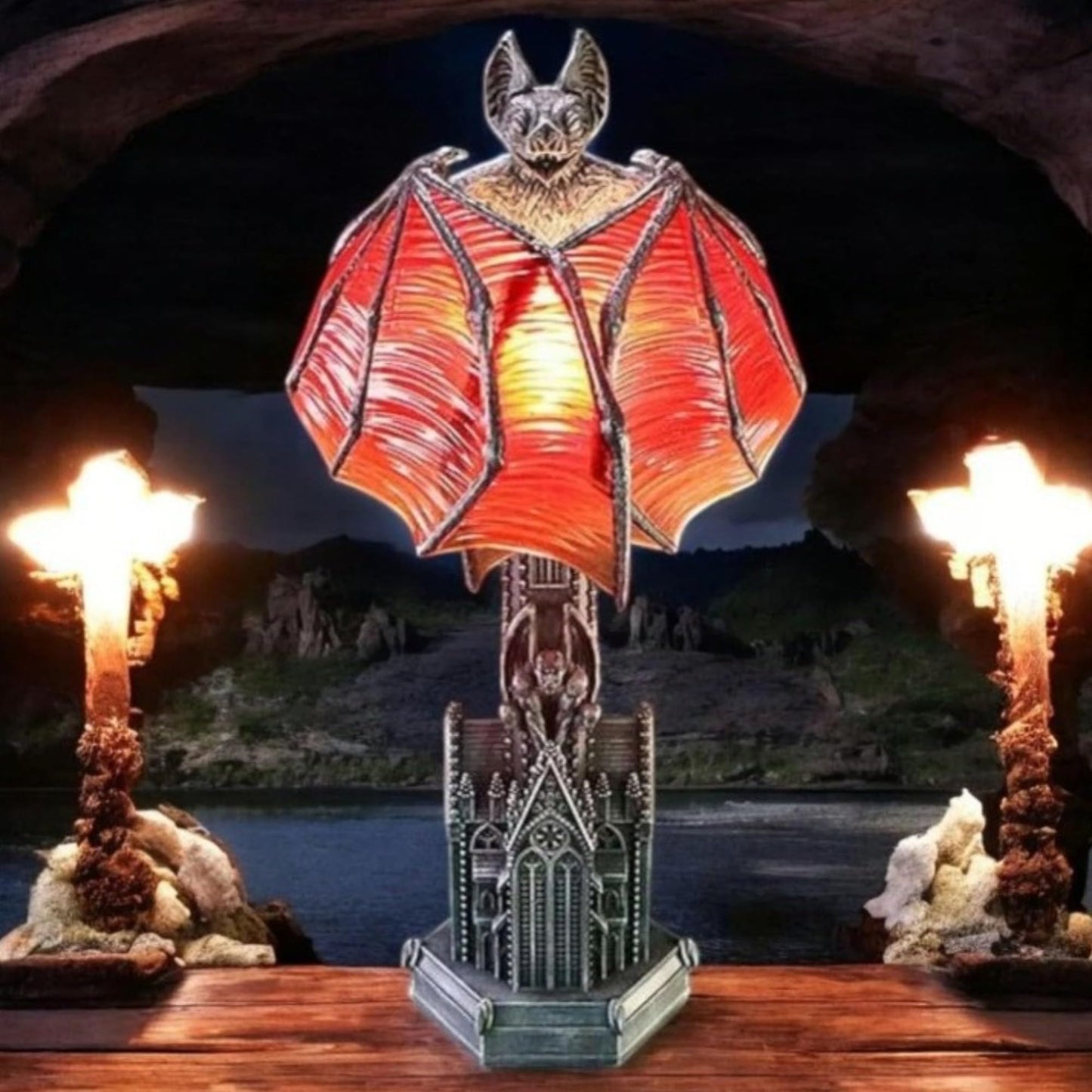 Gothic Wings of Night Halloween Lamp, Gothic Wings of Night Halloween Light with Red Glow, Handcrafted Resin, Cathedral Base Vampire Table Lamp for Spooky Horror Room or Witchy Nights Setting