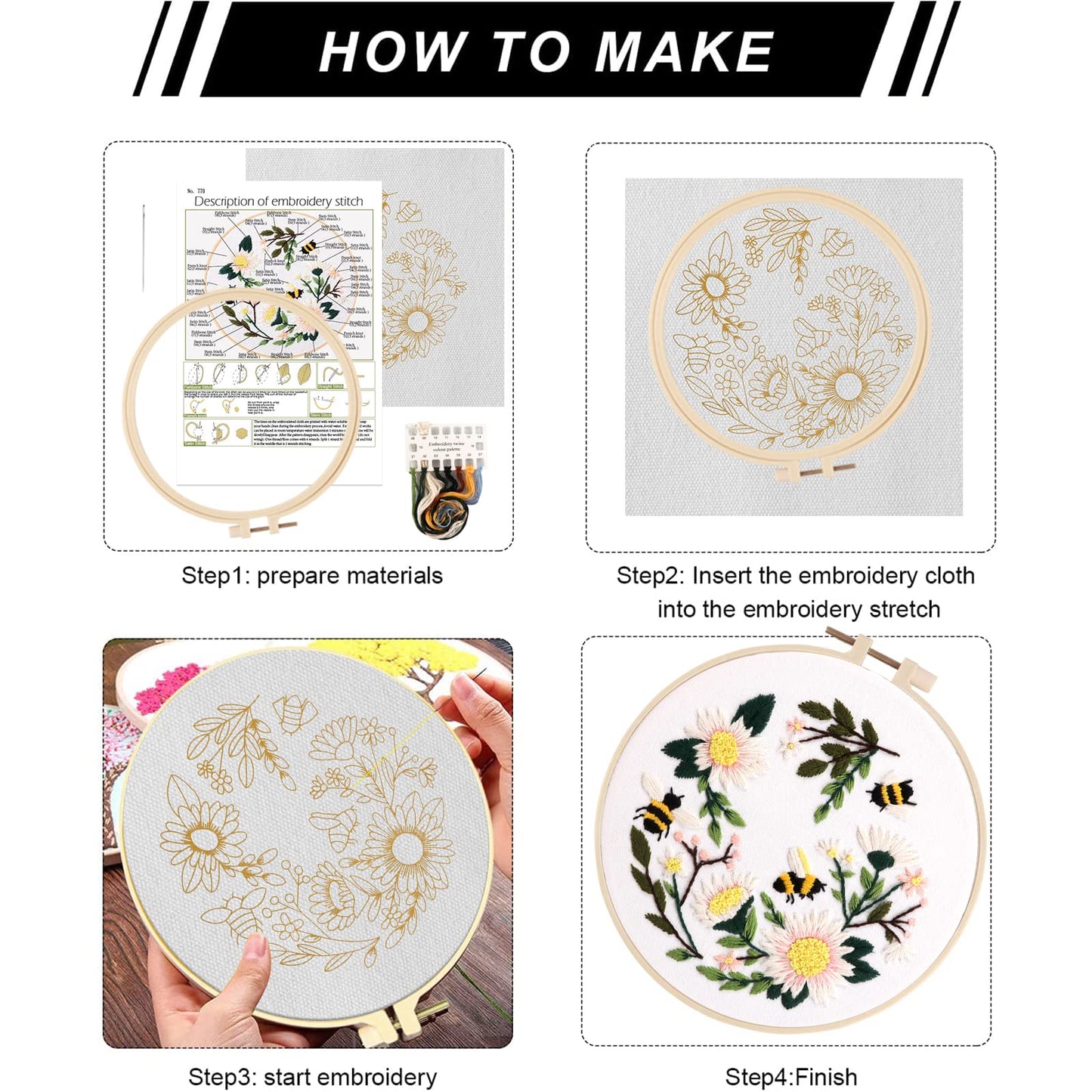 Lukinbox Embroidery Starter Kit for Beginners, 3 Sets Cross Stitch Kits for Adults, Include Embroidery Clothes with Cute Bees and Flowers Patterns, 1 Embroidery Hoop, Threads, Needles and Instruction