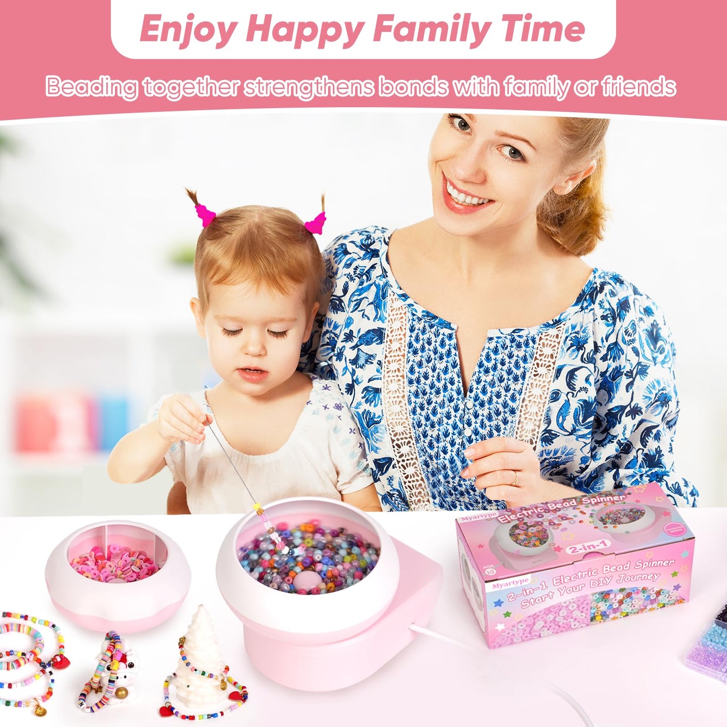 Myartype Clay Bead Spinner and Seed Bead Spinner, 2-in-1 Electric Bead Spinner for Jewelry Making, Bracelet Spinner and Necklace Making Machine with Needles and Thread (Pink), (Beads Not Included)
