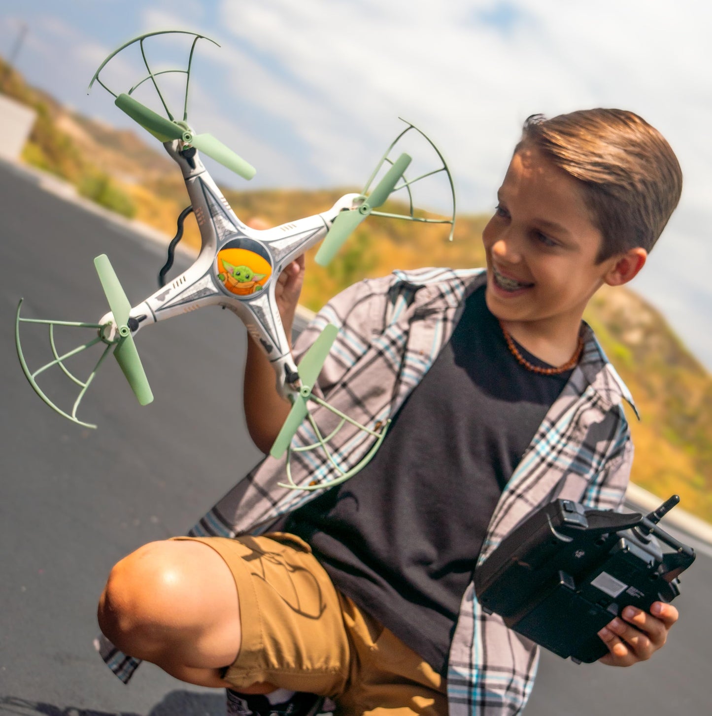 Star Wars The Mandalorian Grogu Baby Yoda RC Quadcopter Drone - 2.4GHz 4.5CH Remote Control Flying Drone with Flip Stunt Modes, Built-In Gyro and USB Charging - Kids 6+