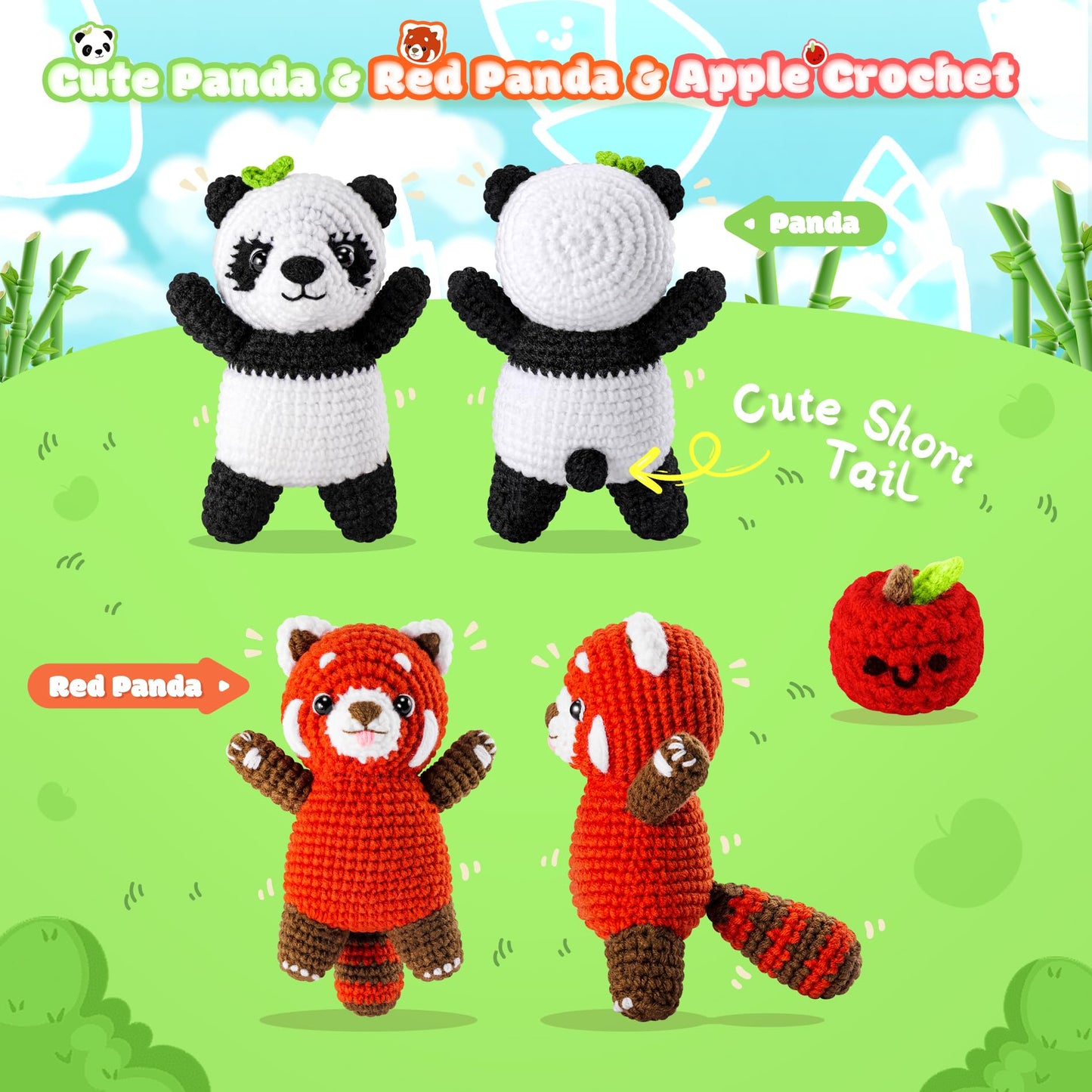 Crochet Kit for Beginners - 2PCS White and Red Panda Crochet Animal Kit with Step-by-Step Video Tutorials, Apple Crocheting Kit, Crochet Starter Kit for Adults, Beginners Knitting Kit for Birthday