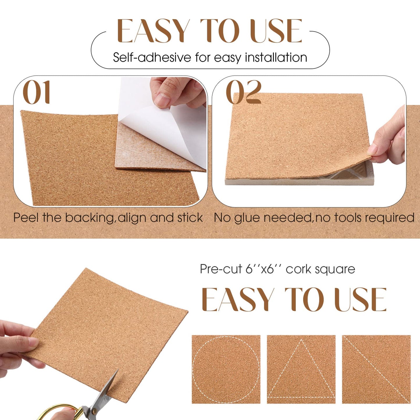 Chunful 60 Pcs Self Adhesive Cork Squares 6" x 6" Cork Backing Sheets for Coasters DIY Ceramic Tiles, Mat, Mini Wall Board, 2 mm Thick