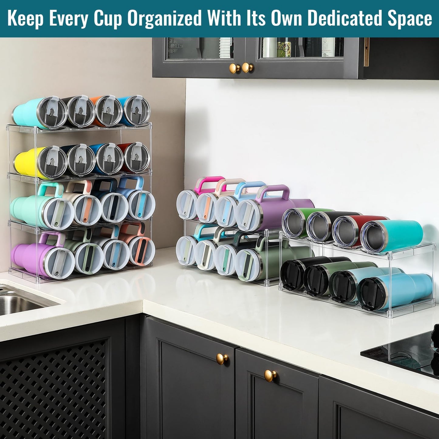 Design for Stanley 40 OZ & Large Bottles & Tumblers with Handle - Acrylic Water Bottle Organizer - Stackable Clear Wine Rack Cup Holder for Home Kitchen Pantry Shelf Countertop Cabinet, 4 Tier Hold 16