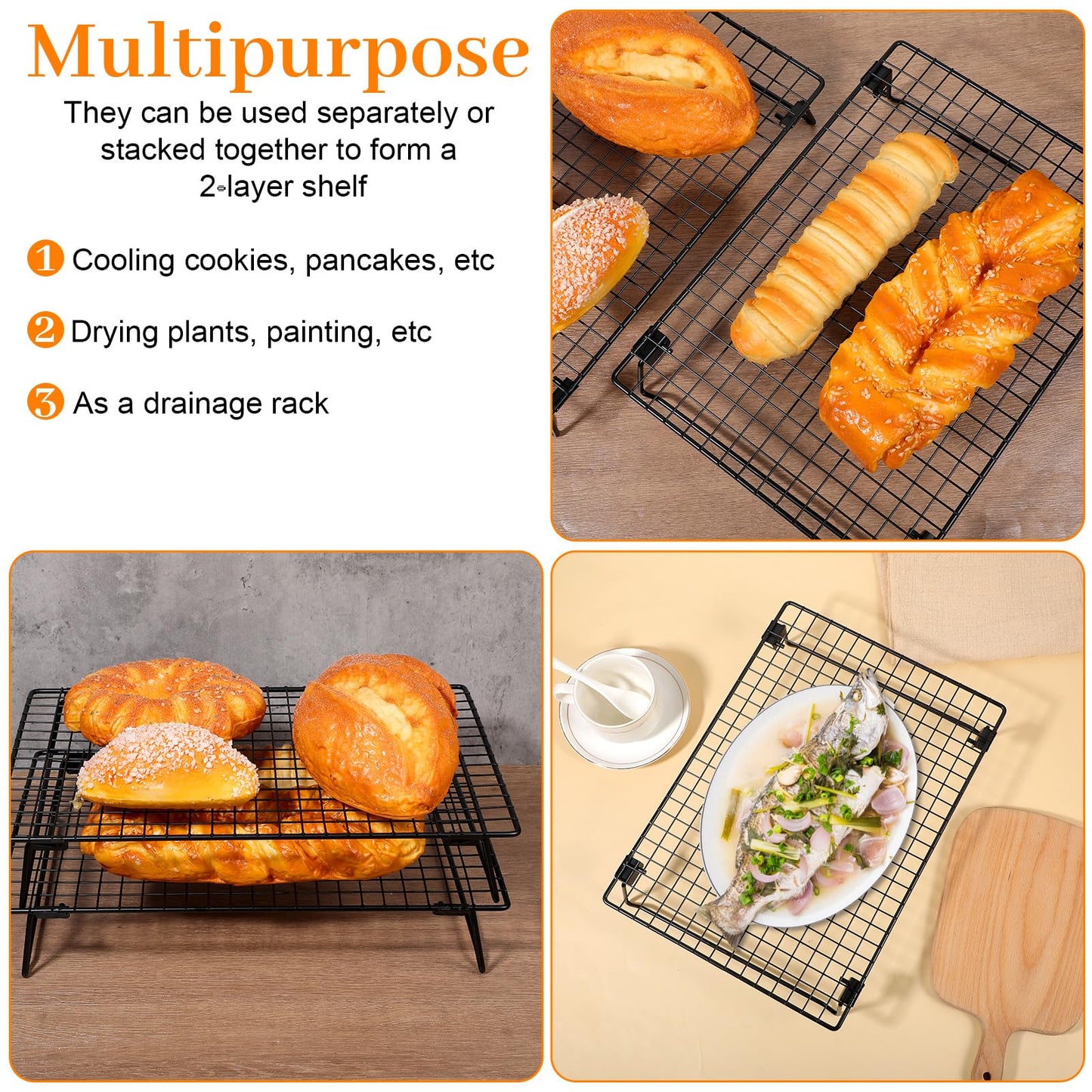 4 Pcs Cooling Racks, 13.4x9.45 Inch Cookie Cooling Racks For Baking, Stackable Carbon Steel Wire Rack with Folding Legs For Cooking, Roasting, Grilling