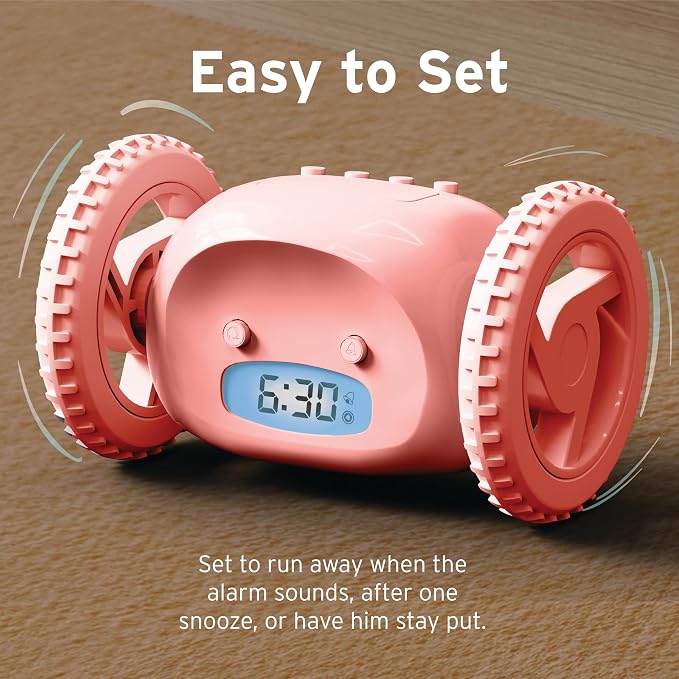 CLOCKY Extra Super Loud Alarm Clock for Heavy Sleepers Adults Kids Teens Bedroom, Move Jump Roll Run Away Easy to Set Smart Digital Alarm Clock on Wheels -Funny Gag Gift (Pink)