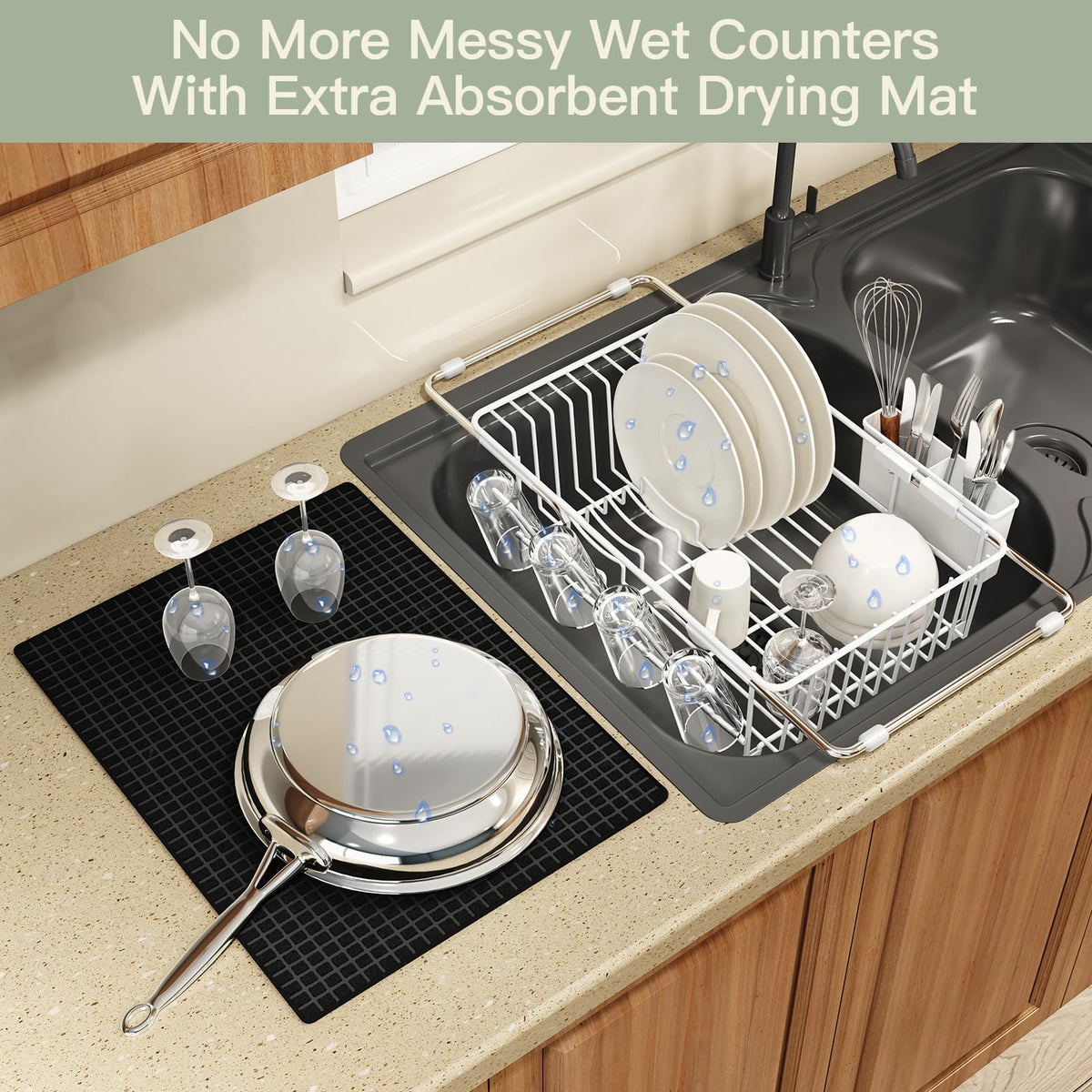 White Dish Drying Rack Over The Sink with Utensil Holder