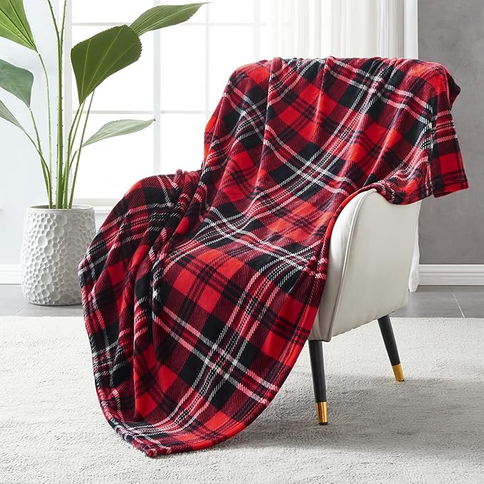 SOCHOW Flannel Fleece Throw Blanket 90 x 90 Inches, All Season Plaid Red/Grey Blanket for Bed, Couch, Car