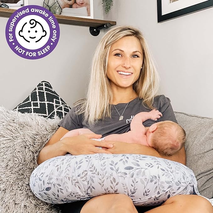 Boppy Original Nursing Pillow, Gray Taupe Leaves, Ergonomic Nursing Essentials for Bottle and Breastfeeding, Firm Fiber Fill, with Removable Pillow Cover, Machine Washable