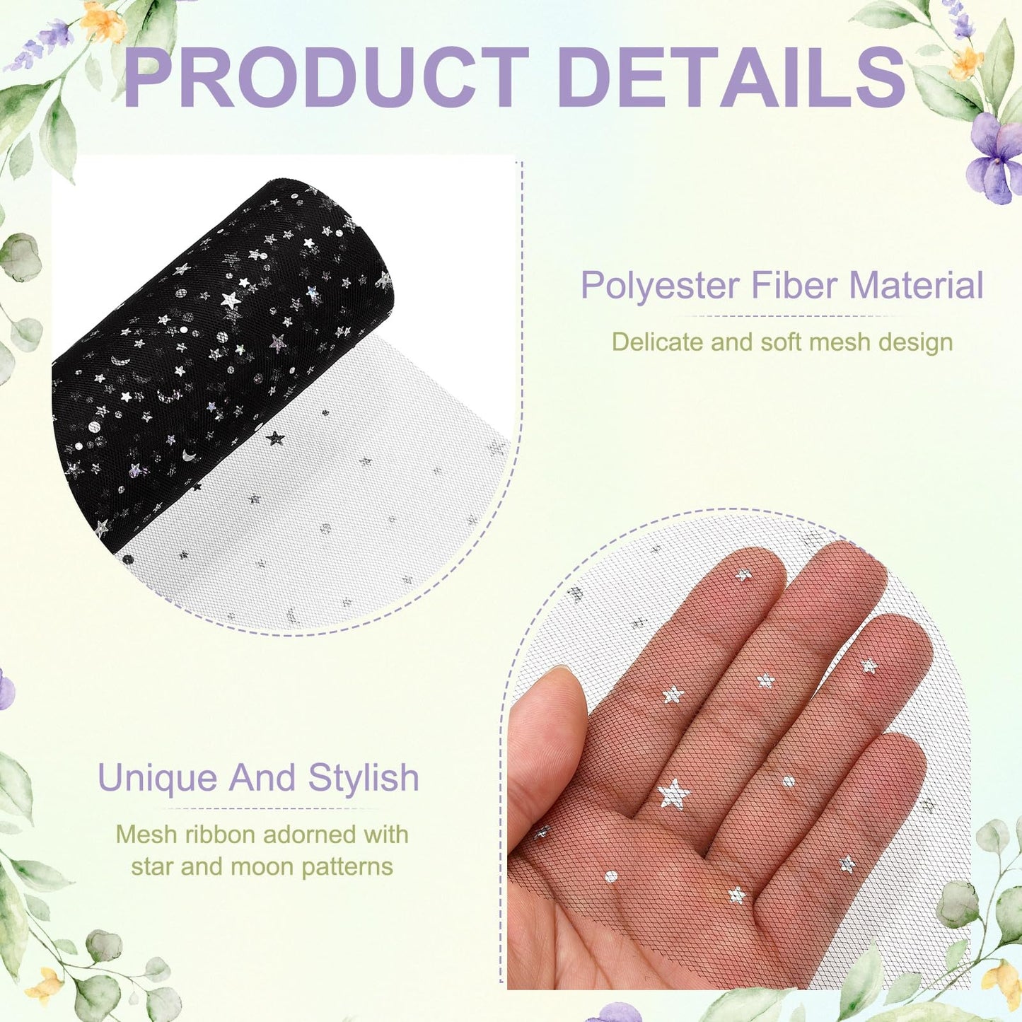 DEFANEX Glitter Tulle Ribbon (6 Inch x 25 Yards) - Star Moon Pattern Wide Mesh Ribbon Sparkle Fabric Tulle Rolls, for DIY Tutu Skirt Bow Wedding Decor Gift Wrapping, Black