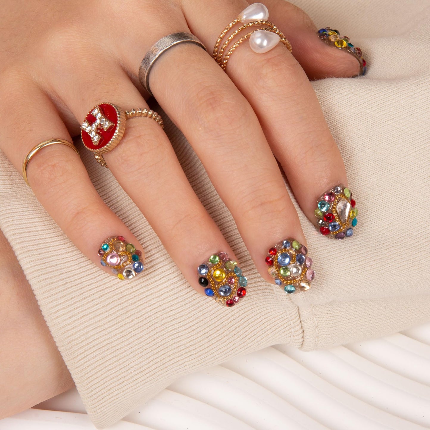 LOVFUL Press on Nails Rainbow Luxe | Handmade with Full Covered Crystals | Reusable Full Cover Nails | Square Short 0.8 in | K21(YH482)-L