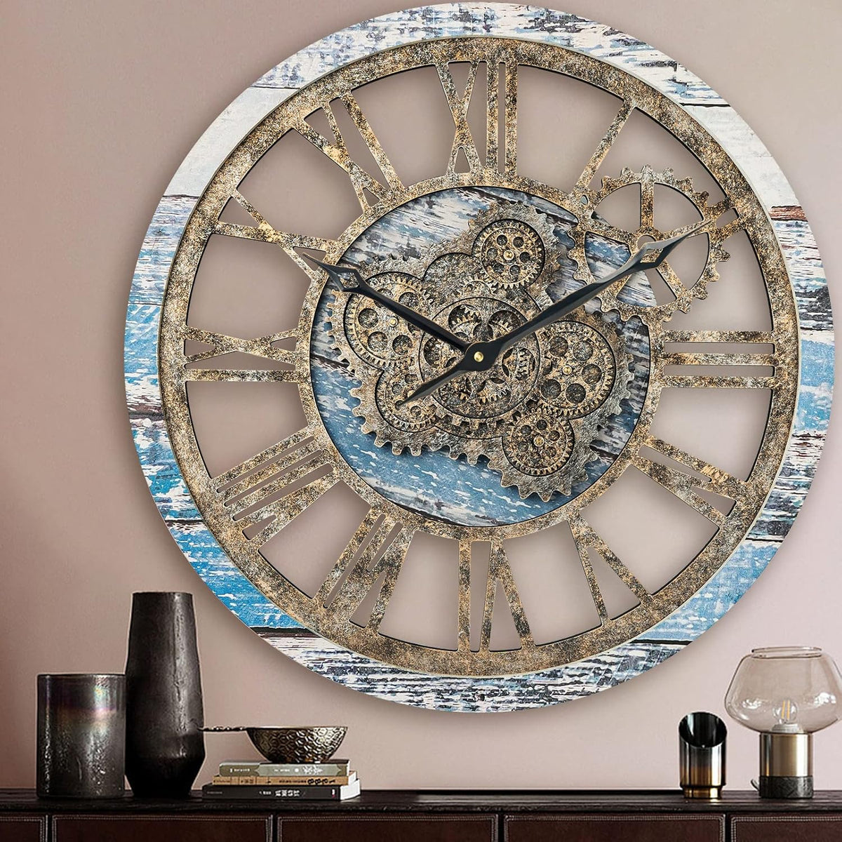 HOIBAI Large Wall Clock, Wall Clocks for Living Room Decor 20 Inch Farmhouse Vintage Rustic Kitchen Wall Decor Vintage Roman Oversized Wall Clock for Home Bedroom House Office, Moving Gears Clock
