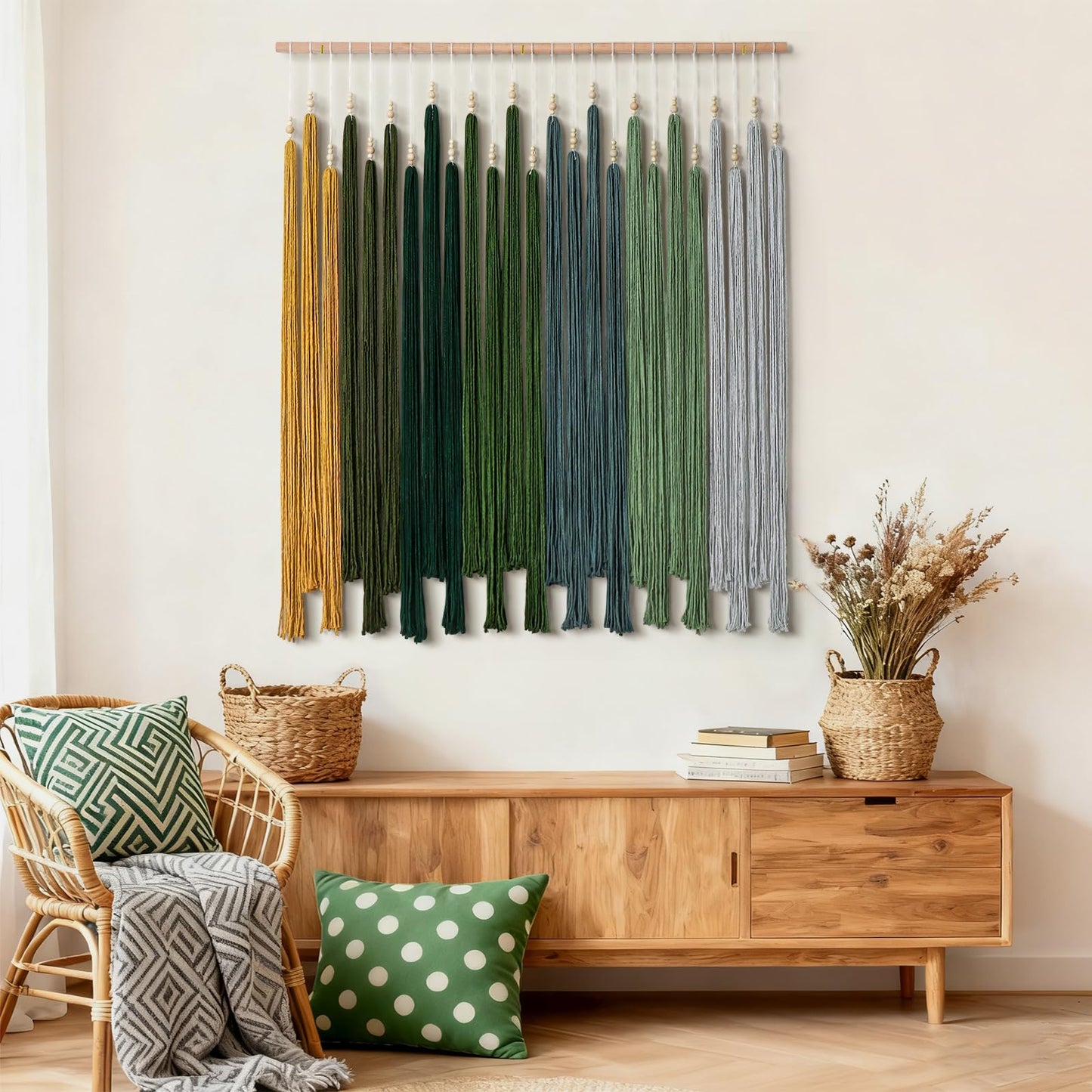 KHOYIME Macrame Wall Hanging Large Boho Home Decor Aesthetic, Bohemian Green Tassels Tapestry Modern Handmade Artwork Chic Wall Art Decorations for Living Dining Room Bedroom Nursery Office 38.5"x43"