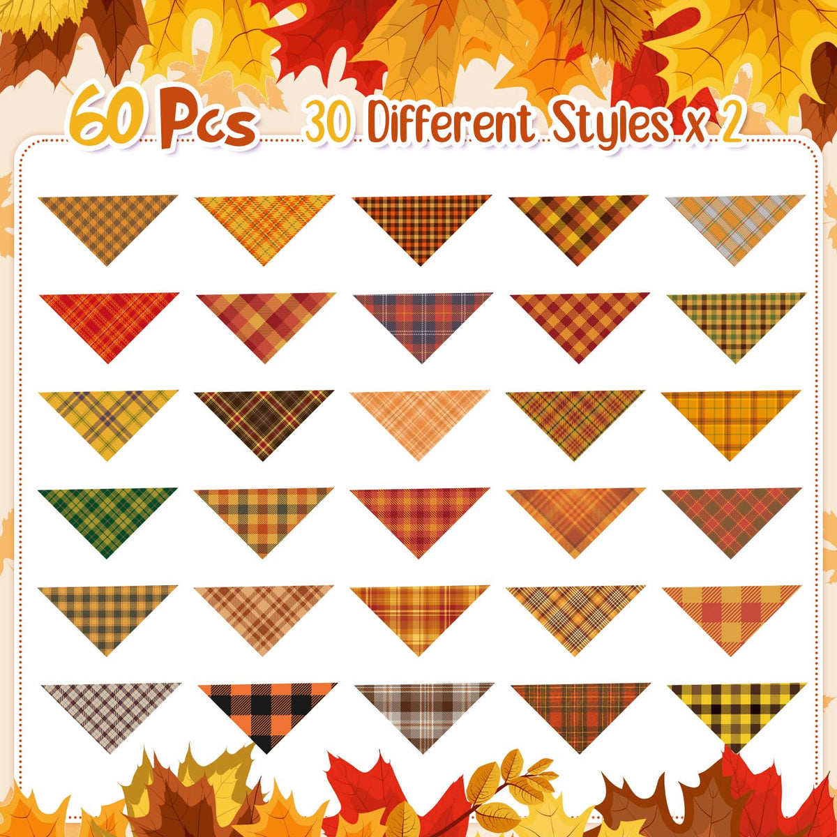 Sweetude 60 Pcs Fall Dog Bandanas Bulk Adjustable Plaid Pet Scarves,M