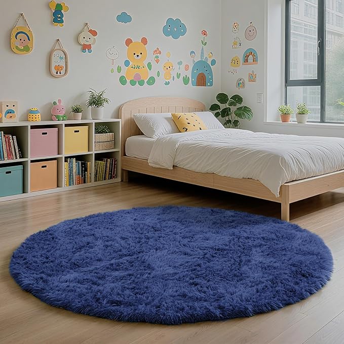 yulidayang Blue Fluffy Round Area Rugs for Bedroom,3ft Shag Circle Area Rugs for Living Room,Non Slip Fuzzy Plush Rug for Kids Room Boys Girls Room and Dorm Home Decor Rug