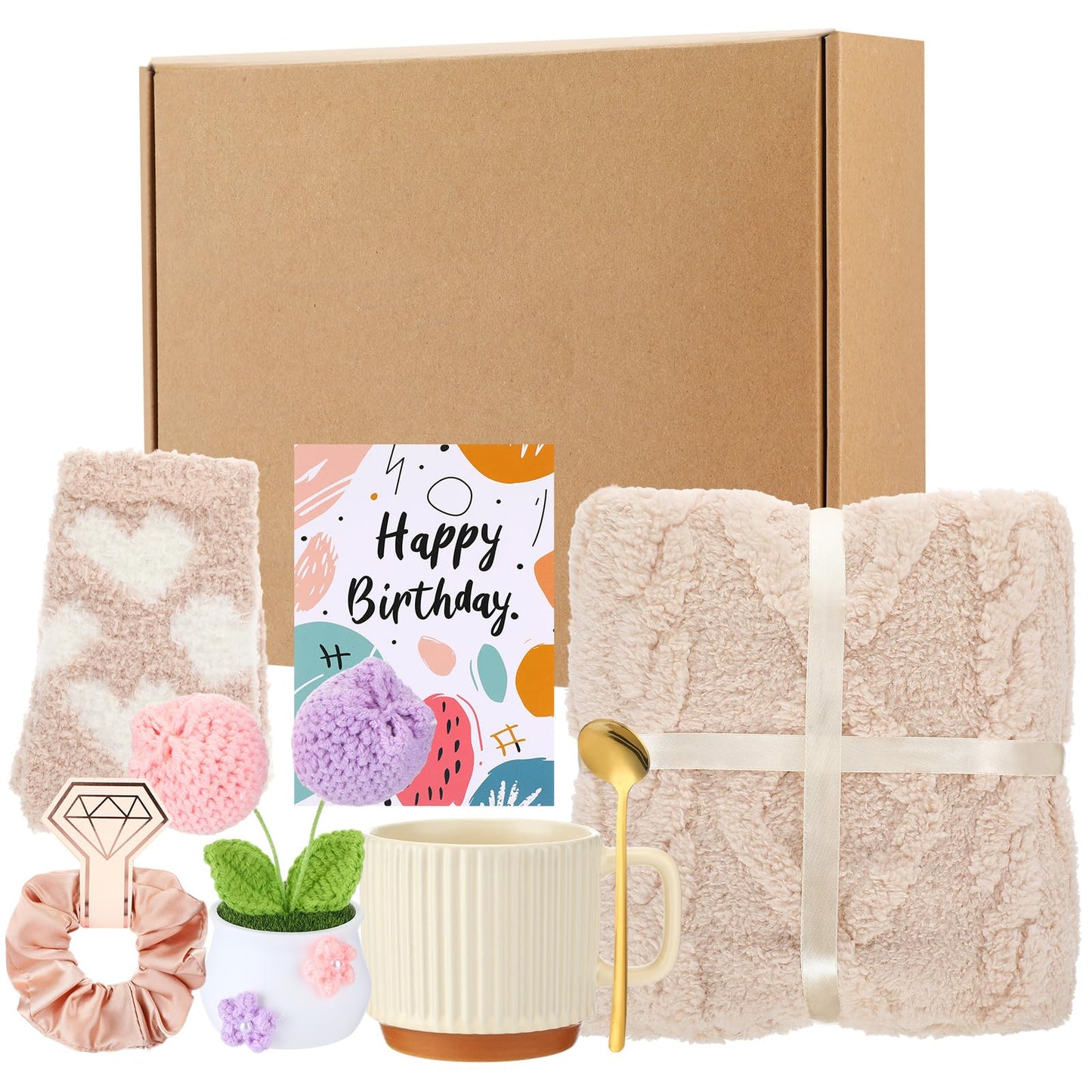 Suncalla 7 Pcs Graduation Gift Set for Women, Thank You Teacher Gift Set, Self Care Mother's Day Package with Blanket Socks(Khaki,Tulip)