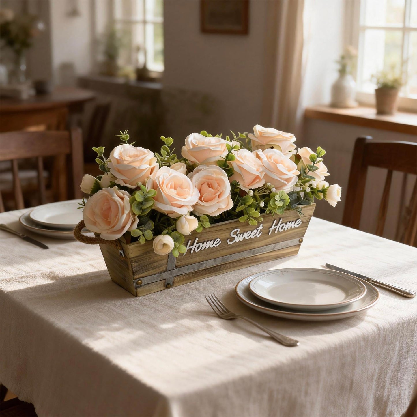 ANMAYNICE Artificial Rose Flower Arrangement with Eucalyptus in Wooden Planter, Faux Flowers Farmhouse Table Centerpiece, “Home Sweet Home” Rustic Home Décor, Champagne