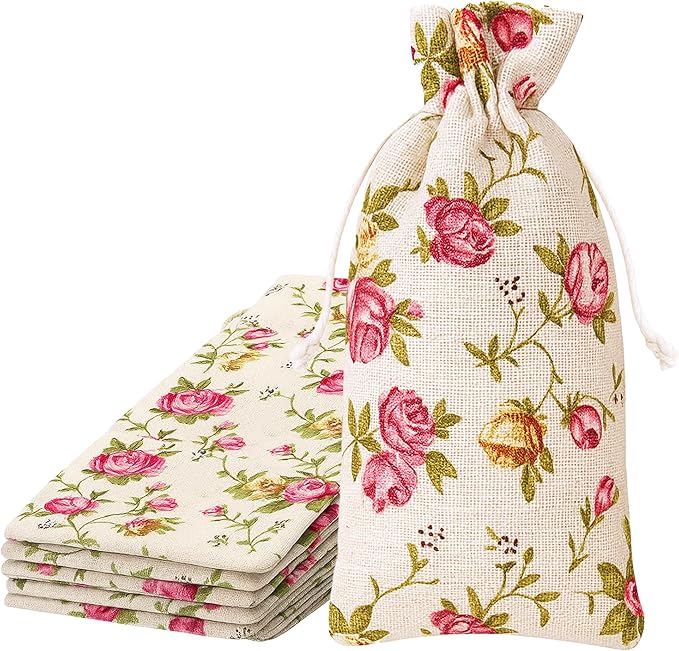Mandala Crafts 14X20 Inch Rose Burlap Drawstring Gift Bags for Favors - 10 Large Floral Linen Sacks Gift Pouches for Candy, Coffee, Jewelry, Wedding, and Party Supplies