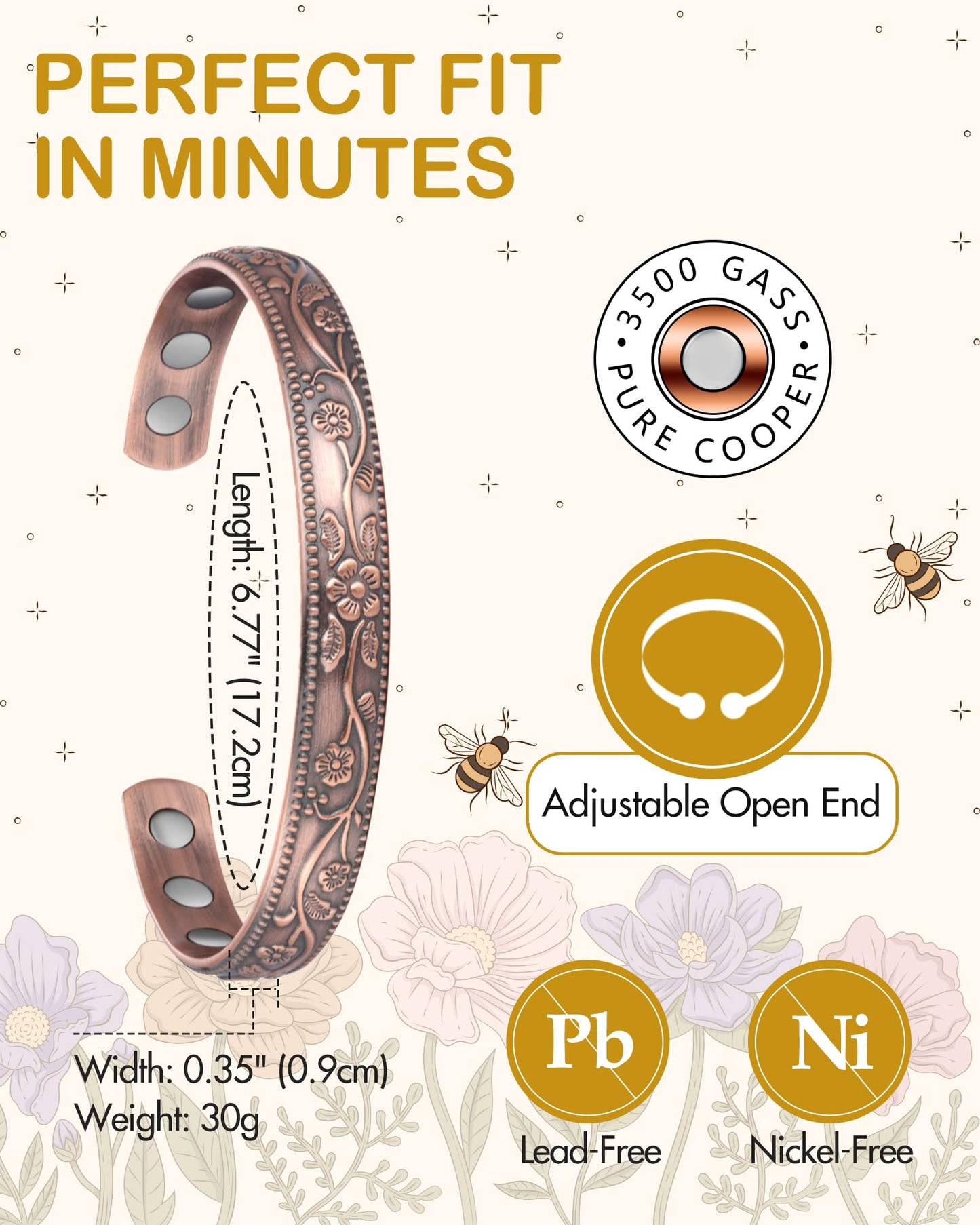 Feraco Copper Bracelet for Women, 11X Ultra Strength Magnetic Bracelets, 99.99% Pure Copper Cuff Bangle with 3500 Gauss Neodymium Magnets, Adjustable, Vintage Flower Collection (Set of 2)
