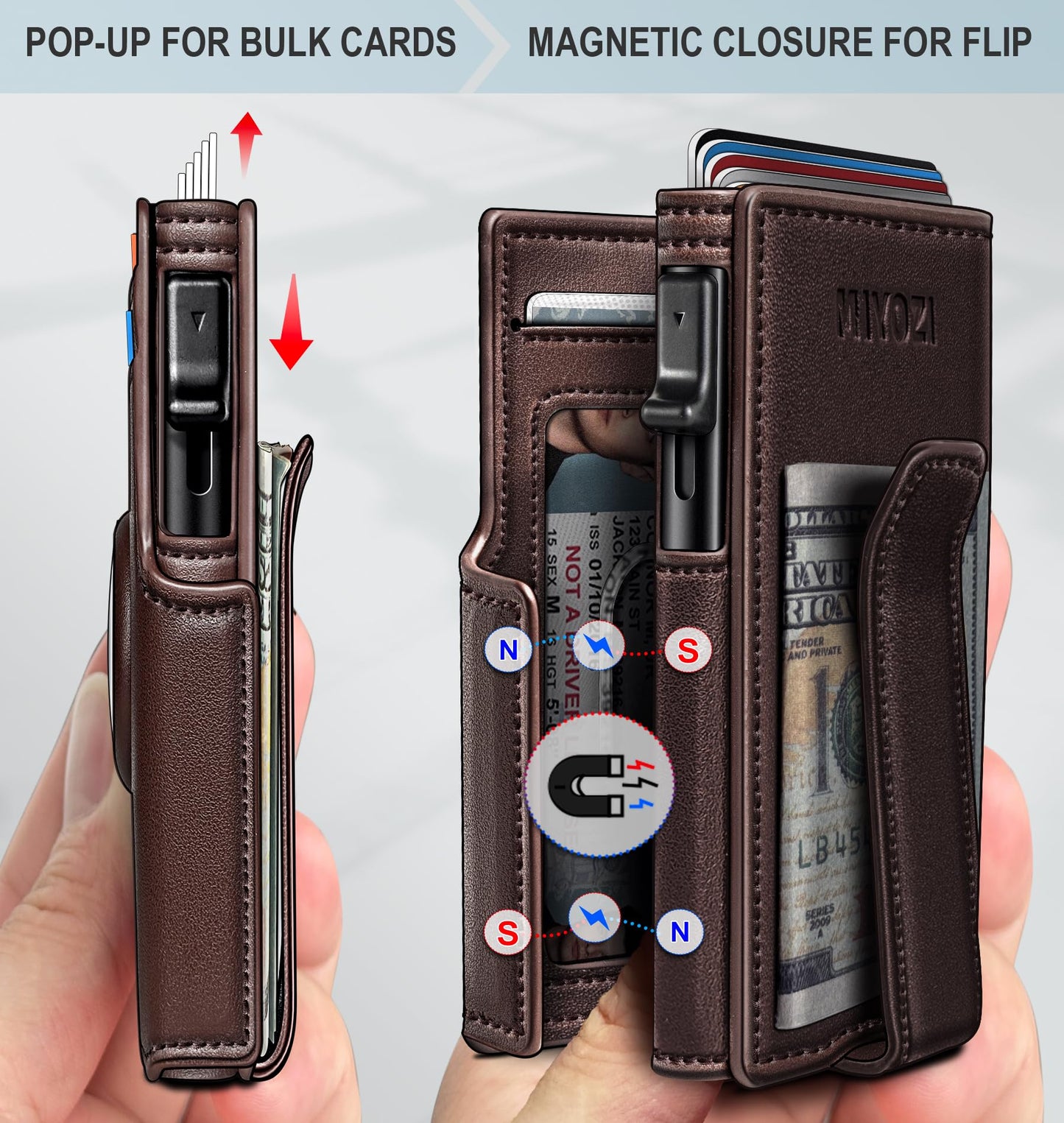 miyozi Airtag Wallet for Men,with Money Clip 10 Cards Metal Case Smart Slim Pop Up Credit Card Holder Flip with Magnetic Closure RFID Blocking wallet with Gift Box