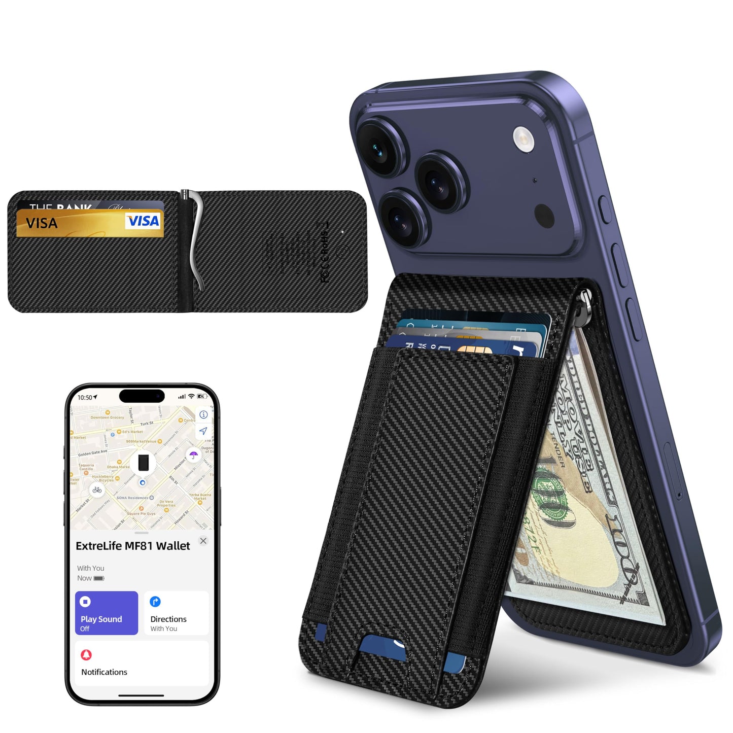 ExtreLife MagSafe Wallet with Money Clip, Work with Apple Find My, Magnetic Phone Wallet Stand for iPhone 17/16/15/14/13/12 Series, 8 Card Holder, RFID Blocking, Rechargeable, Carbon Fiber Black