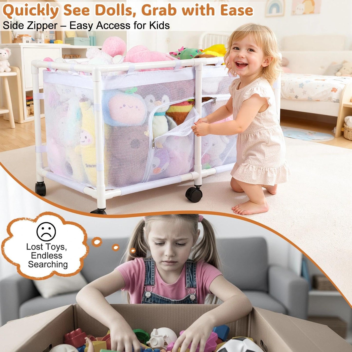 FIOBEE Toy Box for Girls Boys with See-through Mesh & 360° Rotating Wheels Toy Chest Organizer Easy Install Stuffed Animal Storage for Nursery Playroom Toy Storage Bin, White