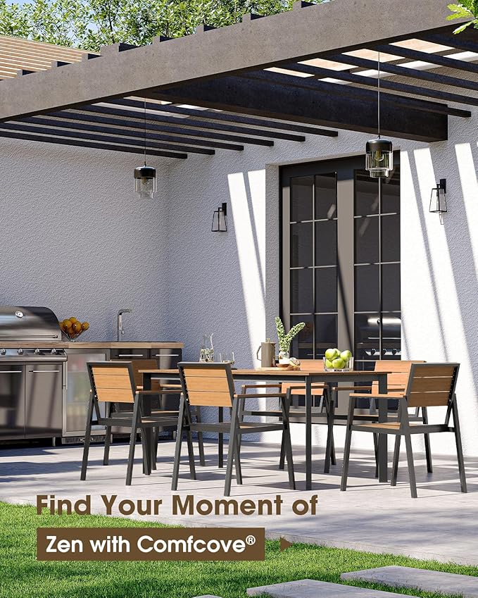 Outdoor Patio Dining Table, Aluminum & HDPS Outdoor Table with Umbrella Hole, All-Weather for Deck, Garden, Lawn, Backyard, Poolside (Gray & Teak)