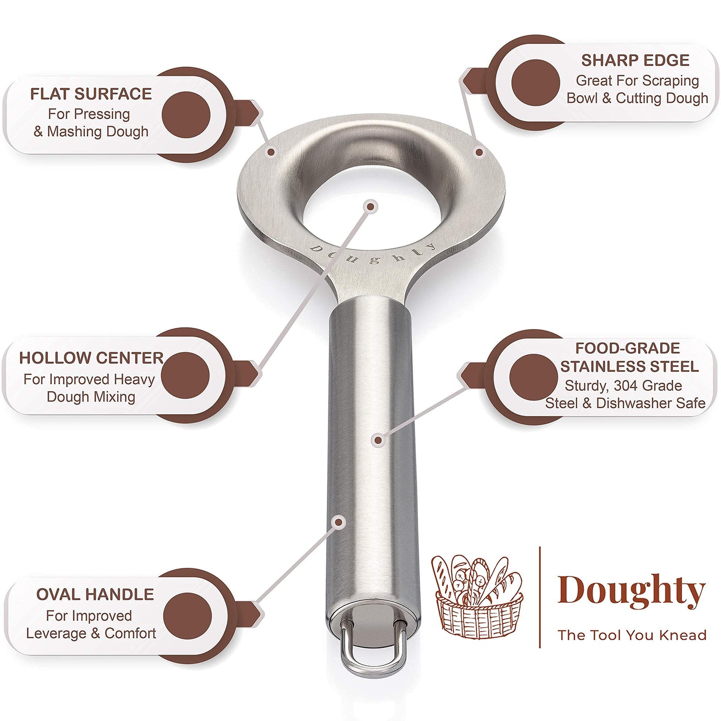 Doughty Stainless Steel Dough Whisk, Mixing and Kneading Tool – Sourdough Stirrer and Danish Dough Whisk Alternative – Rigid Hand Mixing Tool with Comfortable Grip – Gift Box Included
