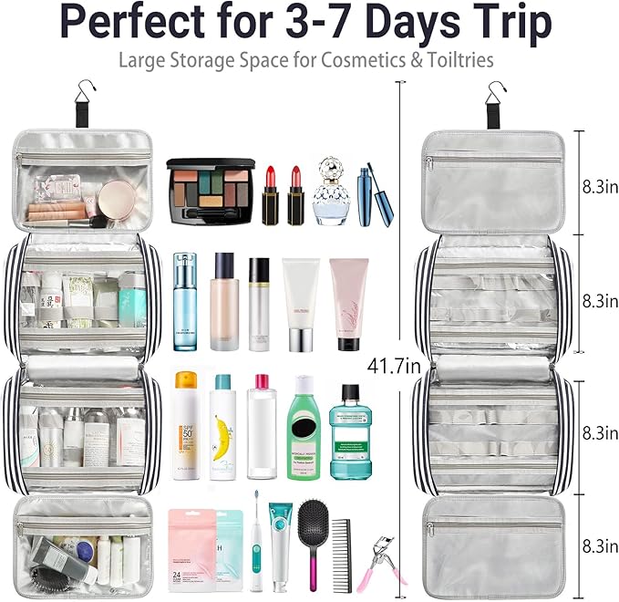 Bosidu Hanging Travel Toiletry Bag,Large Capacity Cosmetic Travel Toiletry Organizer for Women with 4 Compartments & 1 Sturdy Hook,Perfect for Travel/Daily Use/Christmas
