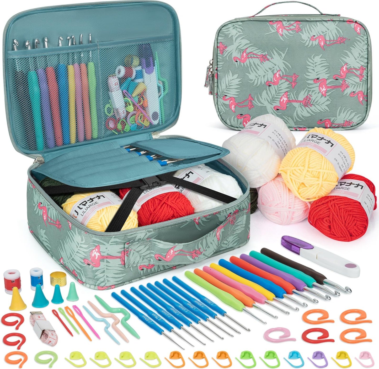 GMAK 59 PCS Crochet Kit for Beginners Adults, Crocheting Sets Include Yarn, Hooks and Tools, Portable Crochet Starter Kit for Making Variety Projects Crocheting Supplies, Blue Flamingo
