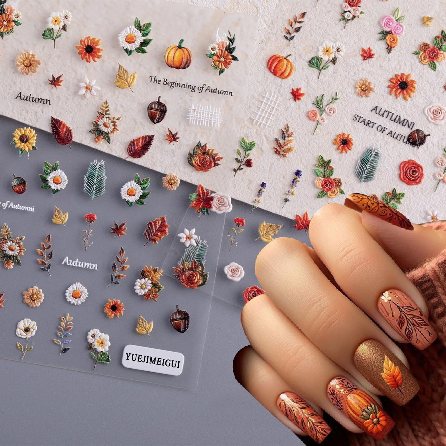 2 Sheets Maple Leaf Nail Art Sticker 5D Embossed Thanksgiving Pumpkin Nail Stickers Pinecone Rose Ginkgo Leaf Design Nail Decals for Women Autumn Manicure Decoration