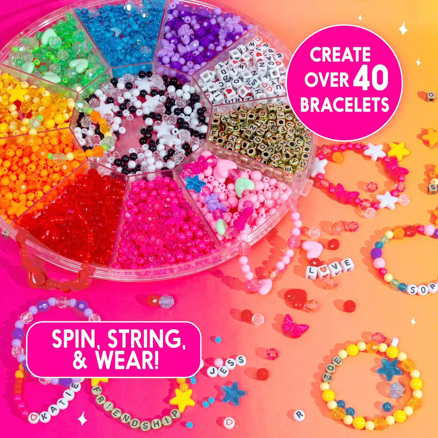 Just My Style Rainbow Bead Spinner, DIY Bracelet Making Kit with Swiveling Bead Case, Includes Over 1,000 Beads for Bracelet Making, Elastic, and More