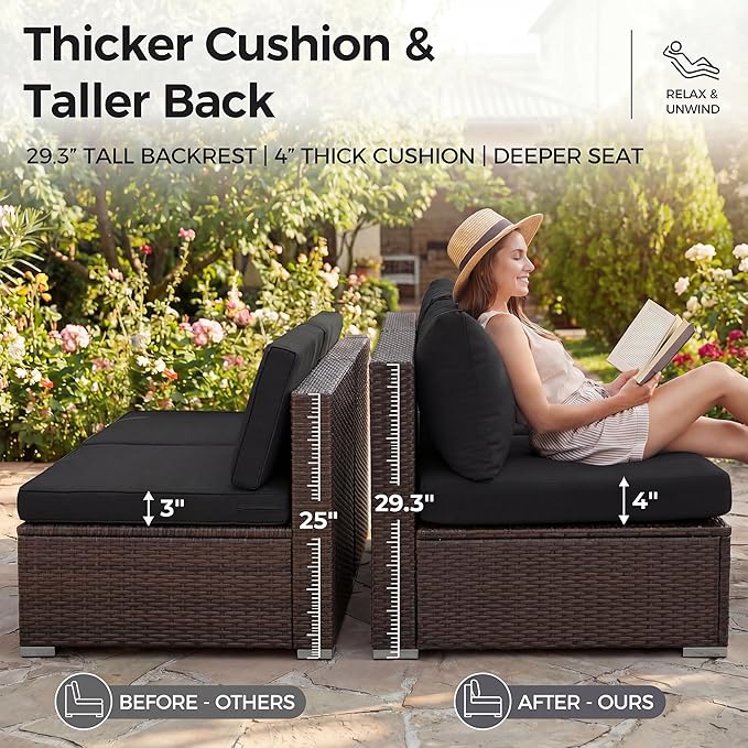 NICESOUL 6 Piece L Shaped Outdoor Sofa with Fire Pit Natural Gas/Propane, 29.3'' High-Back Comfy Wicker Patio Furniture Set Fireplace, Modern Deep Seat Conversations, Brown Rattan and Black Cushion
