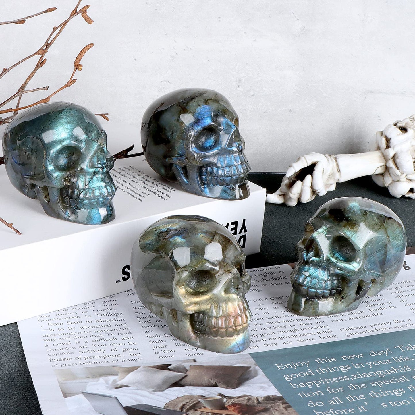 LEADGEM 3" Labradorite Crystal Skull Figurine Decor Healing Stones Carved Luminous Stone Skull Head Statue Sculpture Ornaments