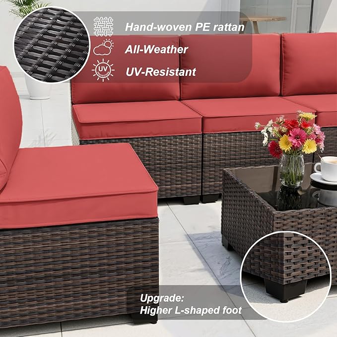 ALAULM Patio Furniture Set with Coffee Table, 9 Pieces Outdoor Sectional with Wide Seat and Thick Cushion, All Weather Wicker Rattan Conversation Set for Backyard, Garden, Deck, Red