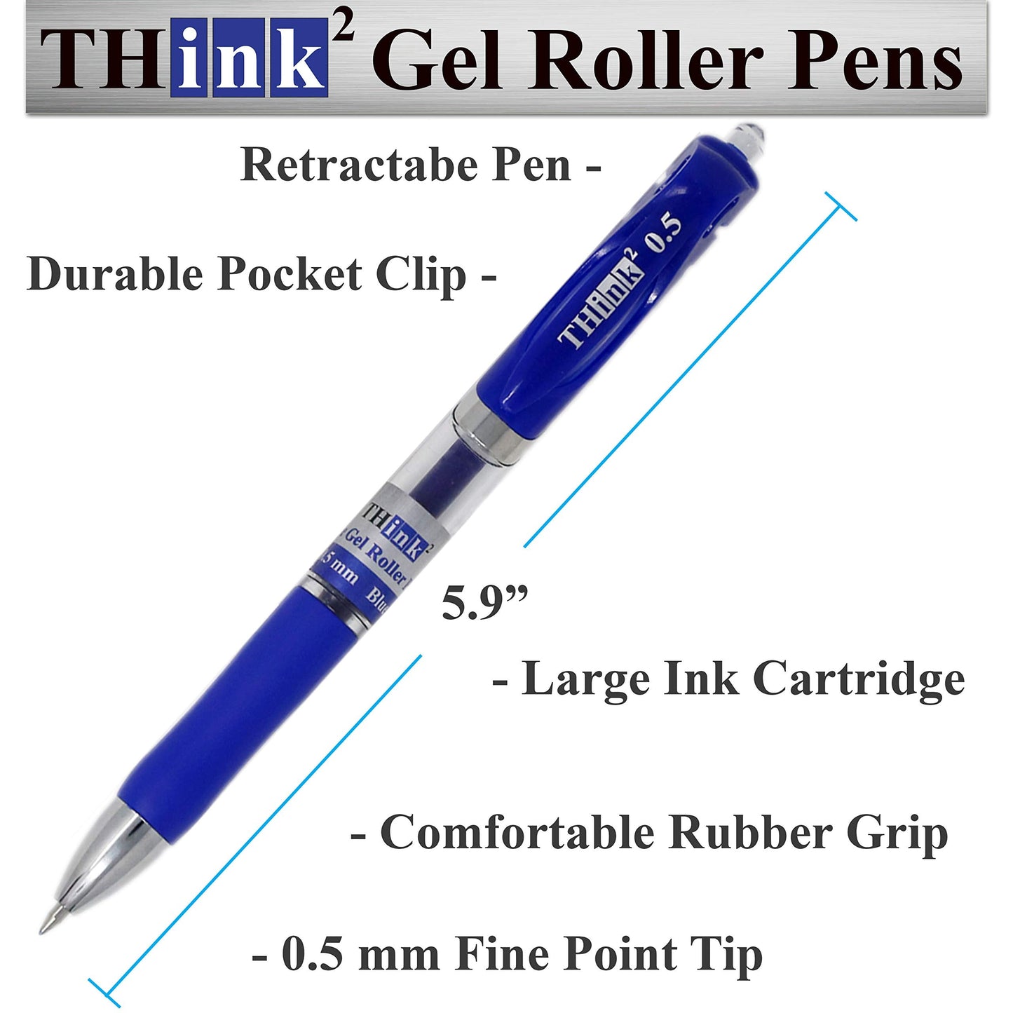 [24 Pens - Blue Ink] Think2 Retractable Gel Pens. (24 Blue) Fine Point (0.5mm) Rollerball Pens with Comfort Grip.