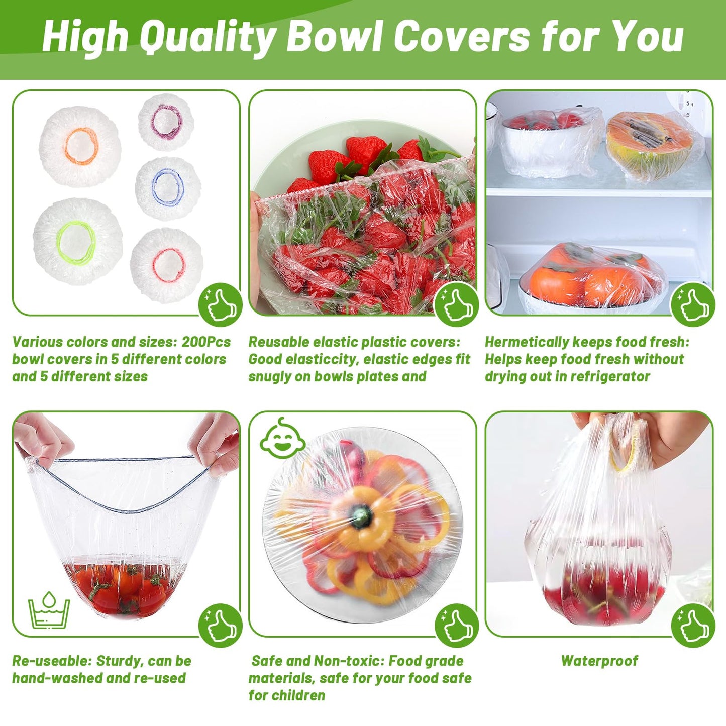 Sublaga 200Pcs Reusable Plastic Bowl Covers - 5 Sizes With Elastic, Food Grade Safe Material