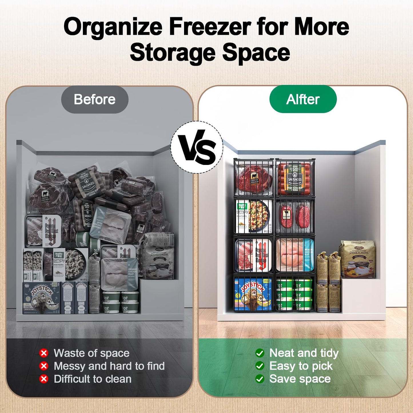 MSERCUOR Freezer Organizer Bins, 4 Pack Stackable Deep Chest Freezer Organizer Bins, Foldable Baskets with Handles, Black Storage Container Baskets for 5/ 7 Cu.FT Deep Freezer Sort Frozen Meats